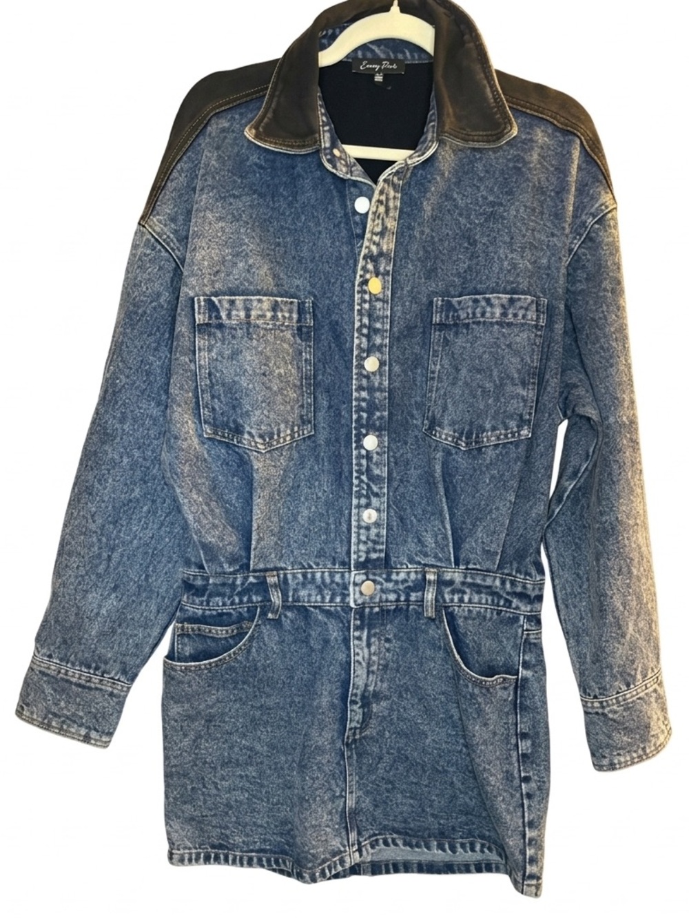 EMORY PARK ACID WASH BLACK PANEL BUTTON DOWN LONG SLEEVE MINI DRESS